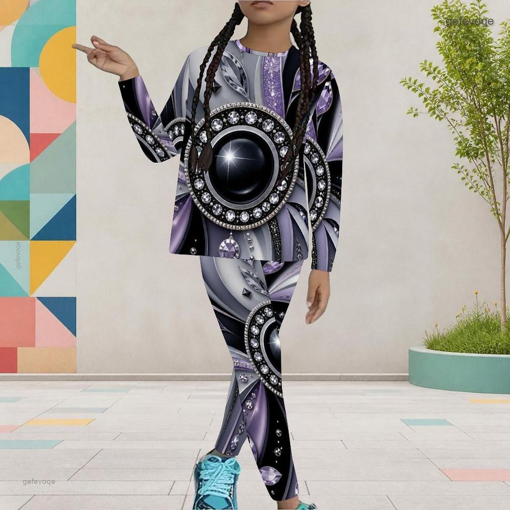 Girls Grey Printed Round Neck Long Sleeve Top And Fitted Pants Two Piece Set