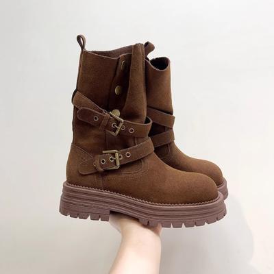 Осень новая ретро ветер матовая кожа заклепки пряжка ремня два способа носки полусапоги женские толстый каблук толстая подошва ботинки Мартин