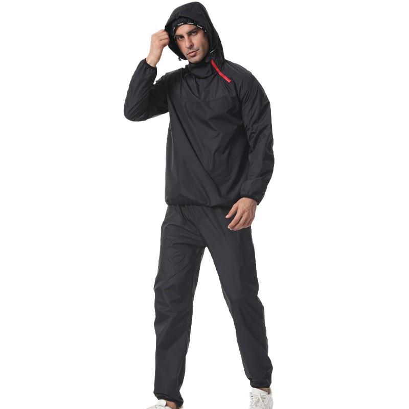 Men Hooded Sauna Sweat Suit Color Block Jacket Pants Set, Windproof Workout Body Shaper For Running Gym Training