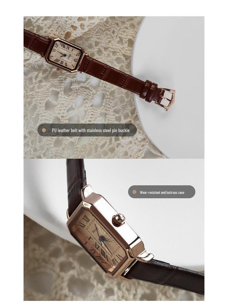 Rscy Ретро Женские Кварцевые Часы из Натуральной Кожи с Маленьким Квадратным Циферблатом – Легкая Роскошь и Нишевый Дизайн Высокого Класса