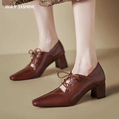 2024 Новая мода Женские туфли со шнуровкой и верхом из мягкой овечьей кожи Туфли-лодочки с квадратным носком и толстым каблуком Однотонные вечерние туфли