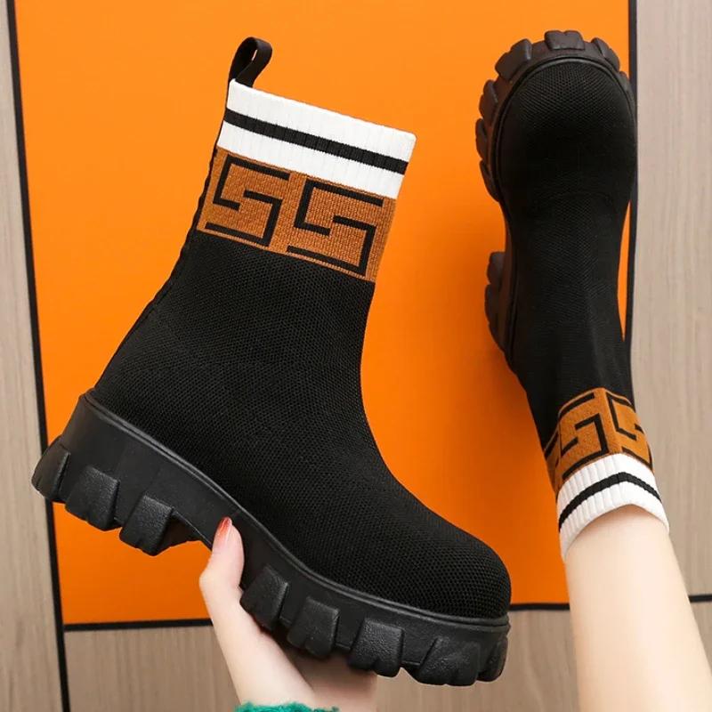 2024 Autumn Winter New Couple Socks Shoes Women Thick-soled Casual Large Size Net Black Knitted Short Boots Women Botas De Mujer