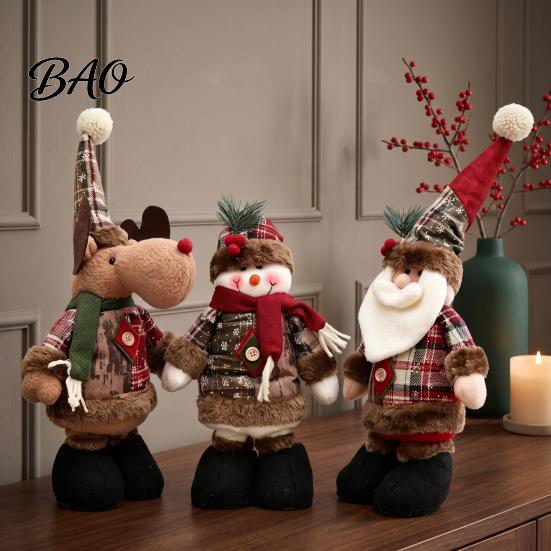 Retro Style Xmas Room Decorations Christmas Retractable Leg Plush Doll, Santa Snowman Elk Figures with Stuffed Fabric Character Toys Adjustable