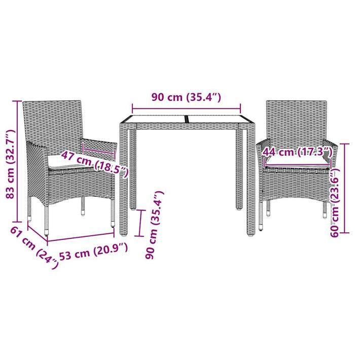 VidaXL Garden Dining Set with Cushions 3 Pcs Rattan and Glass 3278573