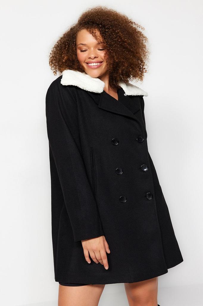 Women's Style Plus Size Black Fur Collar Stitching Coat