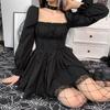 Women Fall Cute Sweet Puff Sleeve Square Collar Solid Color High Waist A-line Lace Princess Dress