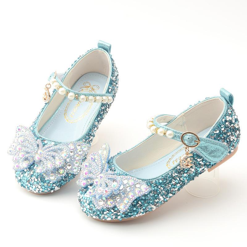 Korean Style Rhinestone Big Bow Girl Princess Shoes Beaded Crystal Children's Shoes Soft Sole Leather Shoes
