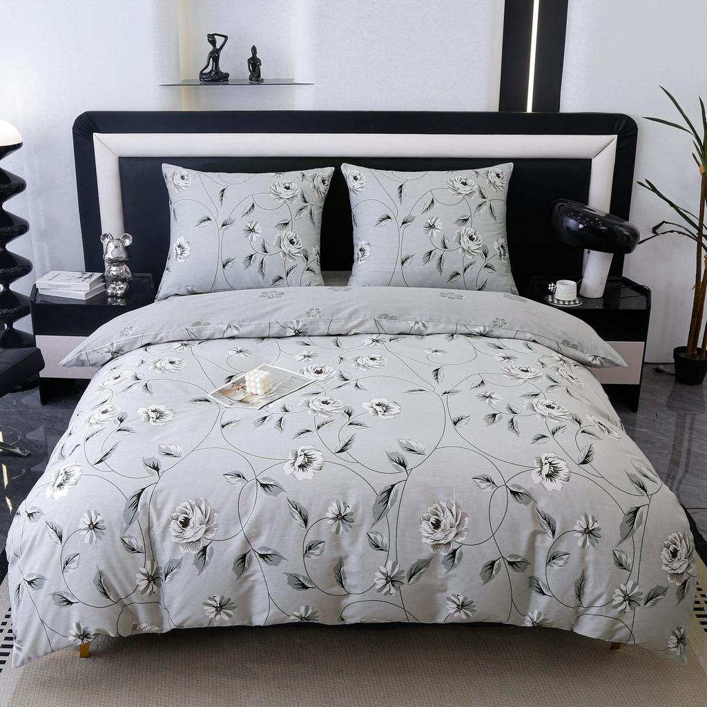 Satin bedding 220x200cm flowers ash gray white