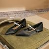 29803 [sheepskin] Pointed Flat Shoes Women's 2025 New Pearl One-word with Thick Heel Mary Jane Single Shoes