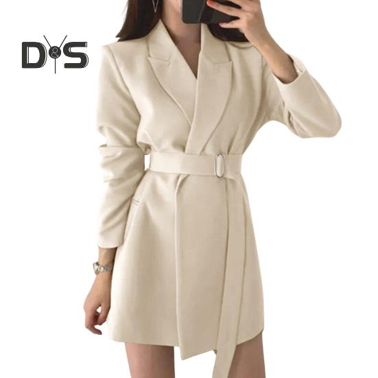 Женский пиджак с лацканами, длинным рукавом, поясом, пиджаком с боковыми карманами, однотонный, свободный крой, офисная женская верхняя одежда