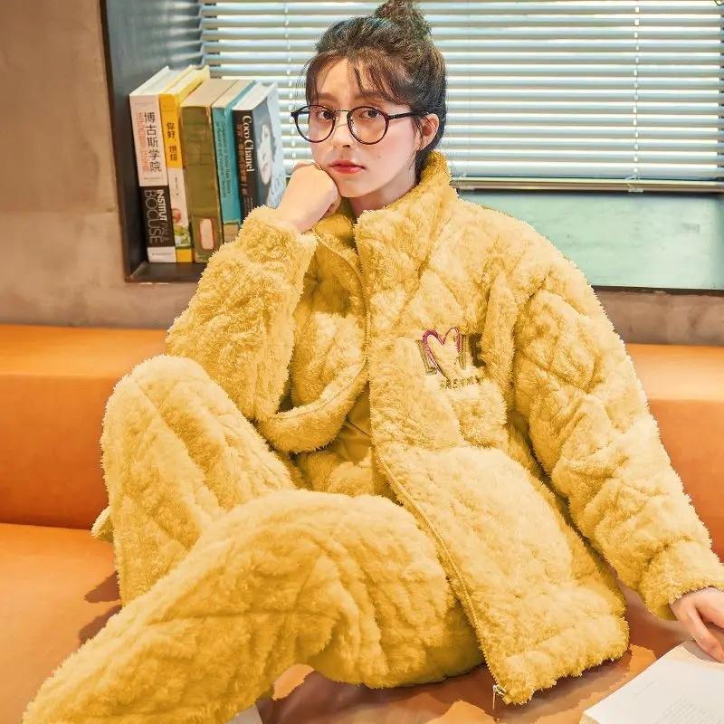 New Coral Fleece Pajamas Women's Autumn and Winter Pajamas Three Layers Thickened Plush Home Clothes Warm Cotton Home Clothes Set