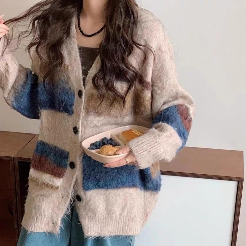 Полосатый вязаный свободный кардиган женский Harajuku Chic винтажные свитера универсальная осенне-зимняя трикотажная одежда с V-образным вырезом в корейском стиле