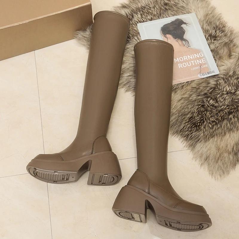 Модные женские сапоги на платформе выше колена Модные туфли с молнией сзади Осень-зима Женские длинные сапоги на толстом каблуке