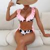 Women's Swimwear Printed Hard Cup Ruffle Sexy Side Ties Bikini Set Beachwear Bathing Suits