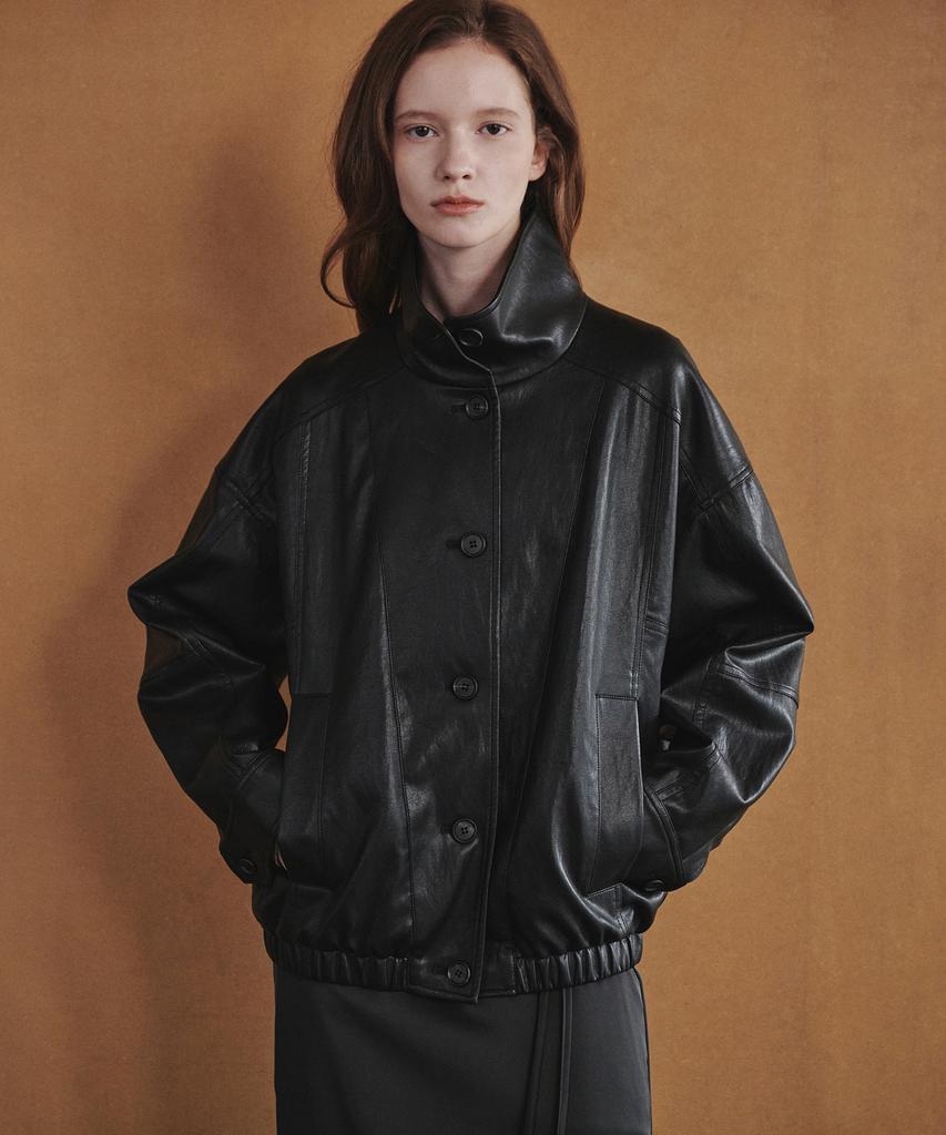 OSTKAKA High-Neck Leather Blouson Jumper Black