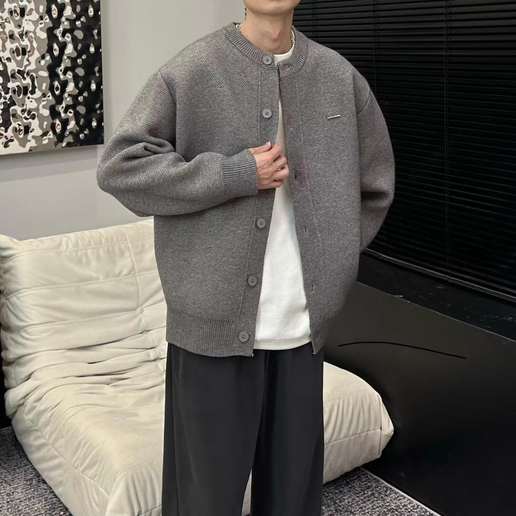 Осень 2024 Унисекс Вязаный кардиган свободного кроя с бейсбольным воротником.