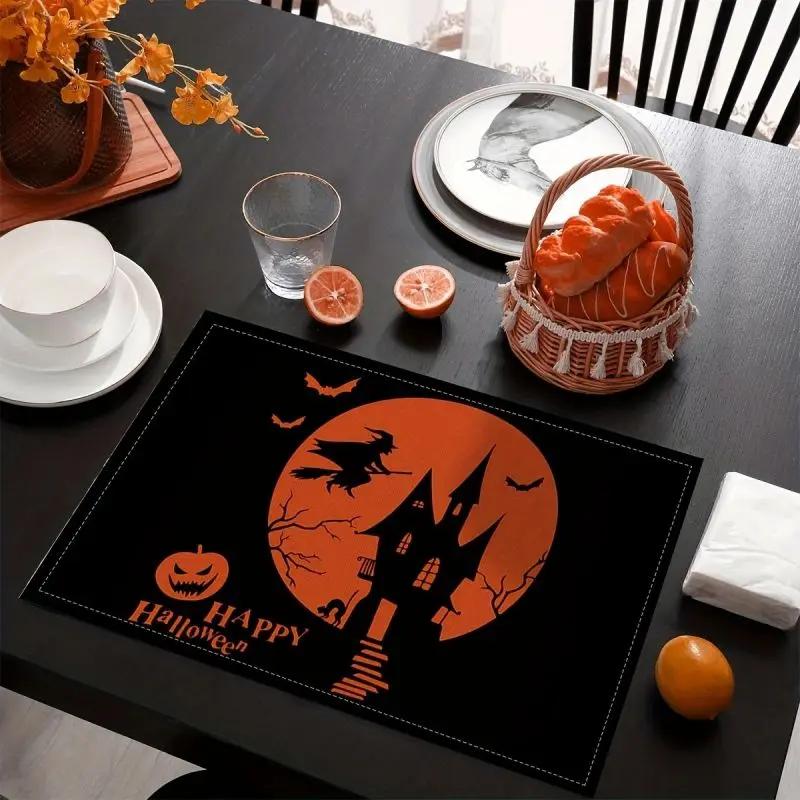 1PC Halloween Table Linen Dining Mats Coasters Orange and Black Pumpkins Non Slip Heat Resistant Kitchen Placemats