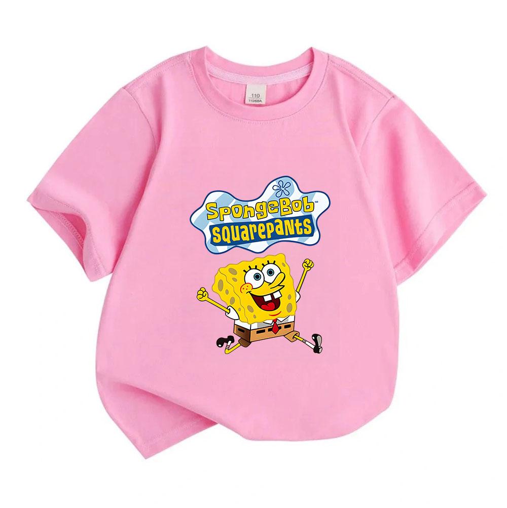 Kids Boys Girls Crew Neck Short Sleeve 100% Cotton T Shirt, Cute Happy Cartoon Yellow Sponge Printed Casual Loose Tees for Children Daily Wear Holiday