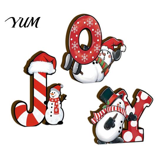 Wooden Holiday Table Sign 3Pcs/Set Christmas Snowman Ornaments with JOY Letters, Cute Stable Tabletop Accent Base Desktop Decoration for Party Dinning