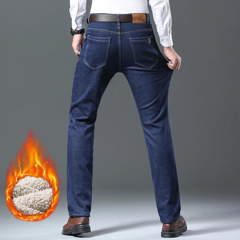 Зимние мужские джинсы из плотного флиса Business Casual Прямые джинсовые брюки Мужские шерстяные плюшевые Классические эластичные брюки
