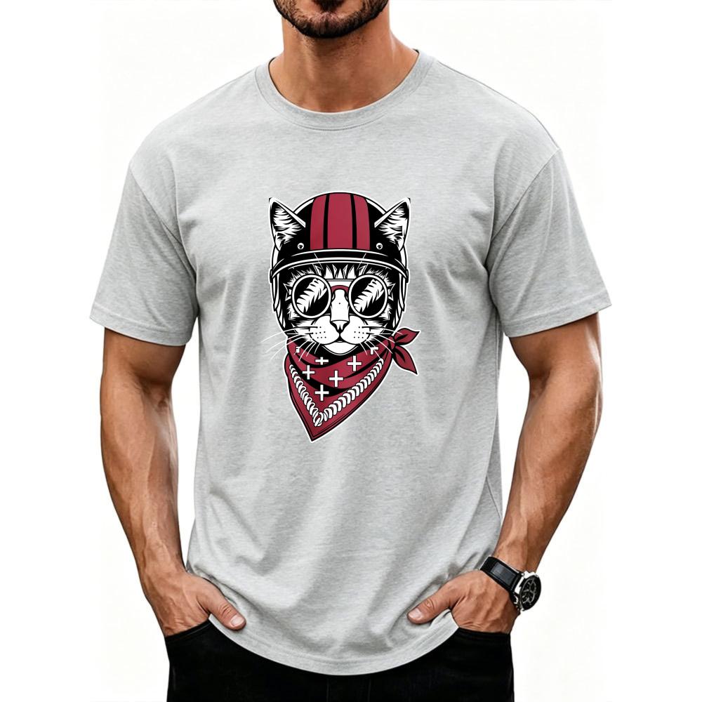 Men's Motorcycle Cat T-Shirt Cotton Biker Cat Graphic Tee Loose Fit Crew Neck Short Sleeve, Ant