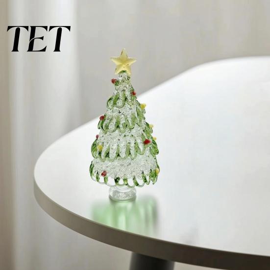 Holiday Party Centerpiece Hand Blown Glass Christmas Tree Figurine with Golen Star, Interior Design Accent Mini Xmas Ornament, Handmade Desktop