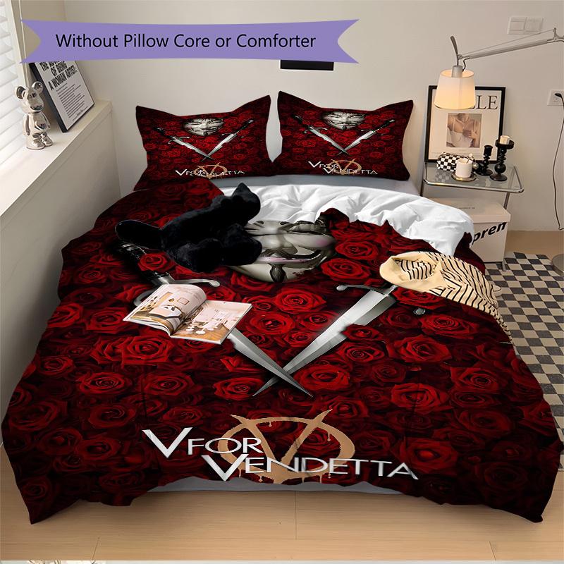 3pcs V for Vendetta Bedding Set, Soft Polyester Duvet Cover and Pillowcases Machine Washable Seasons all suitable & Guest Room Decor213