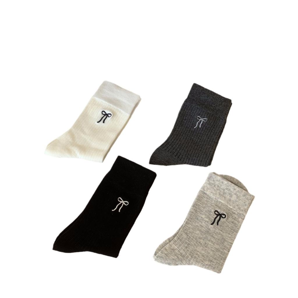 Autumn Socks Embroidered Bow Mid-Tube Socks Socks Trendy Solid Color Versatile Cotton Socks
