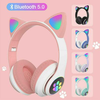 Беспроводные милые наушники с кошачьими ушками, Bluetooth-гарнитура, светодиодный стерео музыкальный шлем, телефон с микрофоном, мигающие огни, наушники для детей, подарки