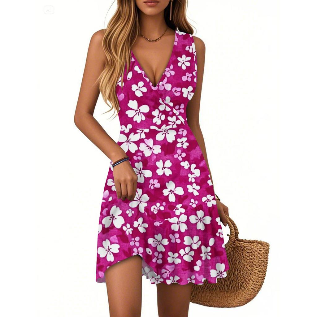 Women's Dress V-neck Sleeveless Casual Floral Print Hem Pleated Dress