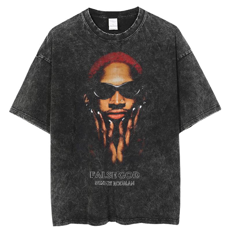 Tideshec Vintage Dennis Rodman Portrait Summer Short Sleeve Crew Neck Graphic Fashion T-Shirts Hip Hop Streetwear