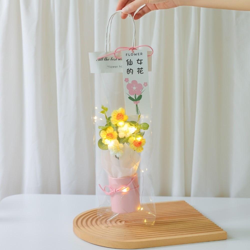 Exquisite Handmade Hand Knitted Flowers With Light String Bucket Bouquet  Home Decoration