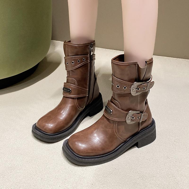 2024 Fashion Women's Shoes Side Zipper Women's Boots Hot Sale Belt Buckle Modern Boots Women New Metal Decoration Mid-Calf Boots