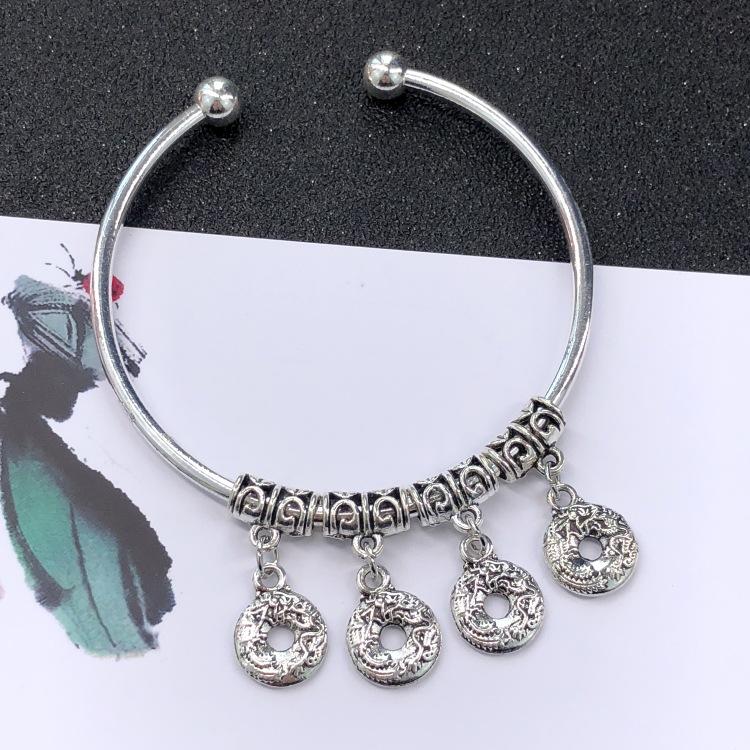 Retro Ethnic Style Tibetan Silver Bracelet Women's Versatile Fashion Bell Flower Pendant Adjustable Bracelet with Accessories