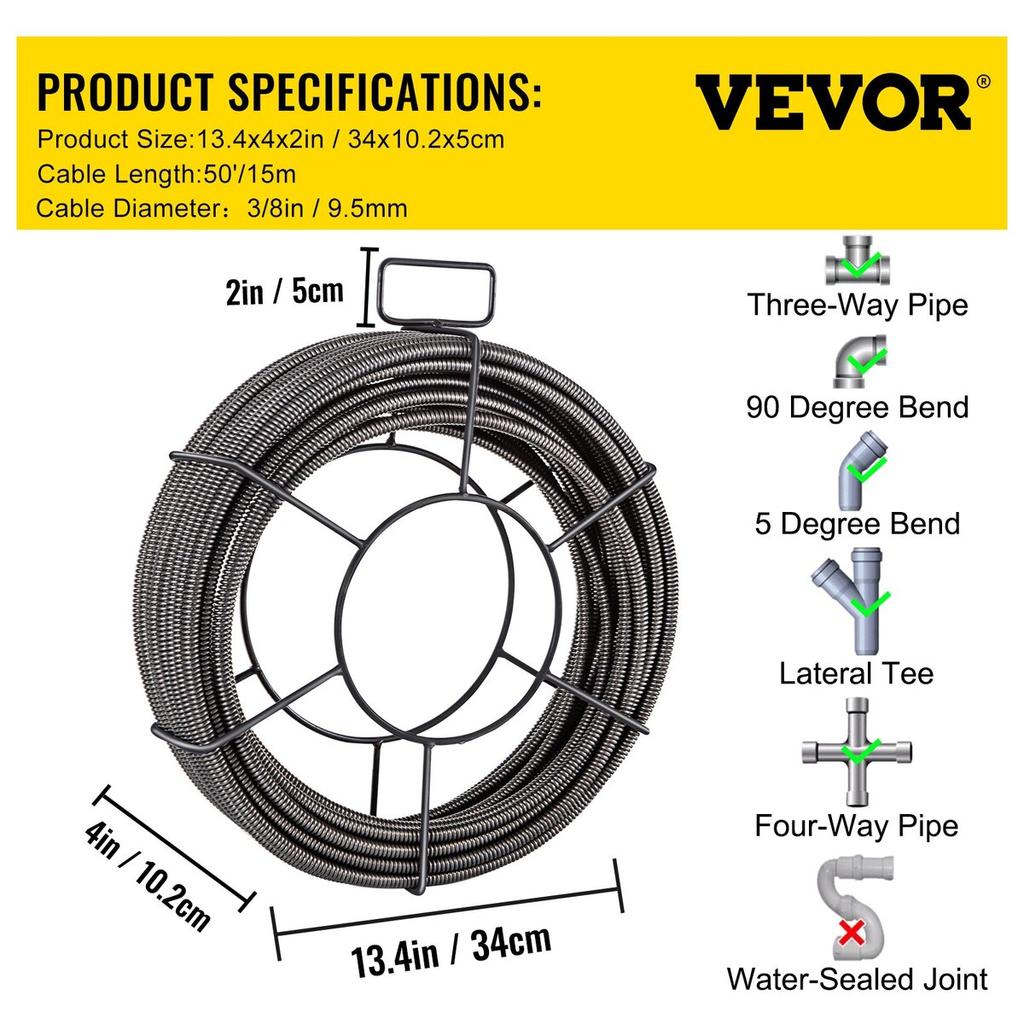 Drain Cleaning Cable 50 Feet x 3/8 Inch Solid Core Cable Sewer Cable Drain Auger Cable Cleaner Snake Clog Pipe Drain Cleaning Cable Sewer Drain Auger