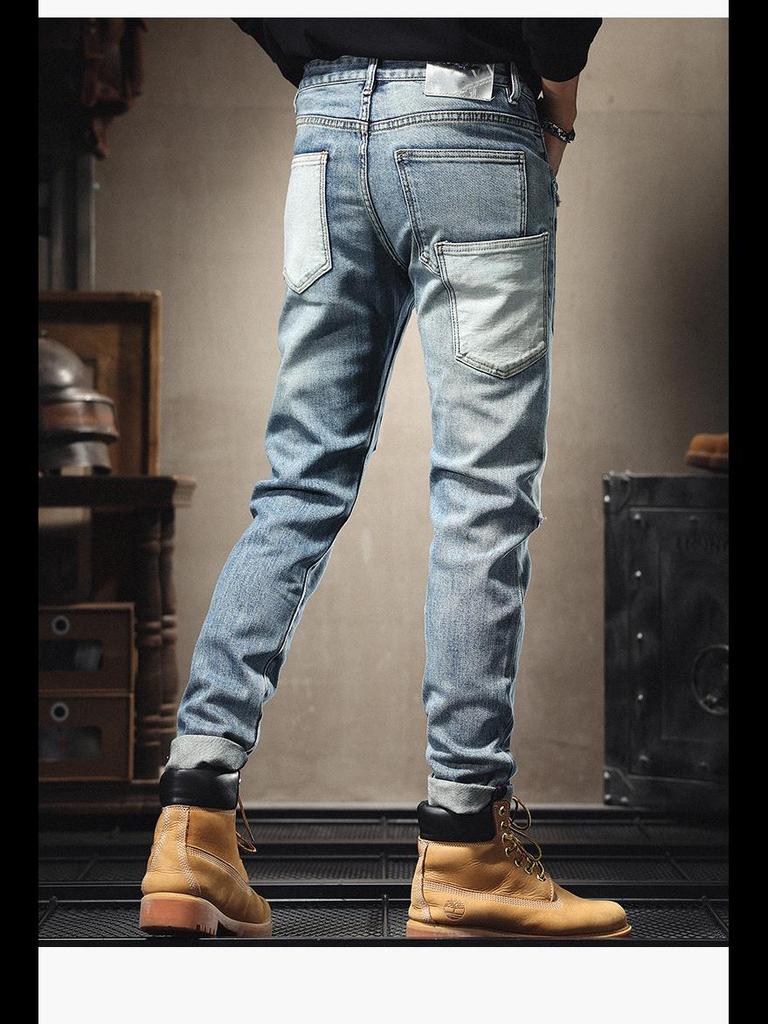 Мужские модные облегающие джинсы в стиле пэчворк с множеством карманов и контрастными цветными заплатками