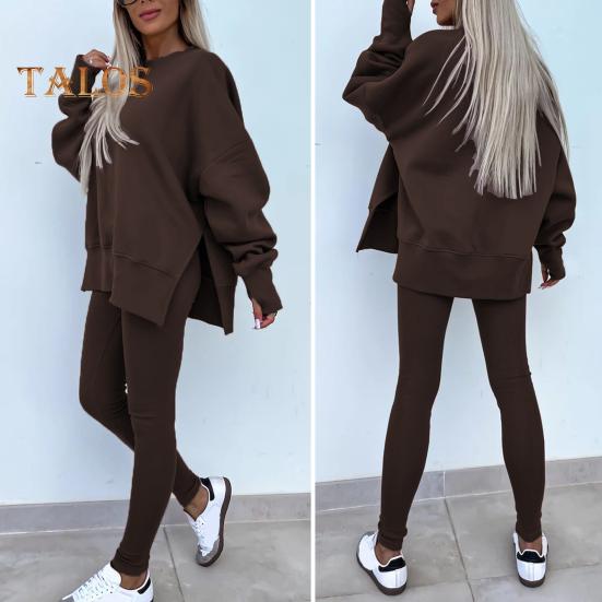 2 шт./комплект женский топ брюки костюм круглый вырез длинный рукав асимметричный подол толстовка эластичный пояс однотонные брюки зимний повседневный спортивный костюм