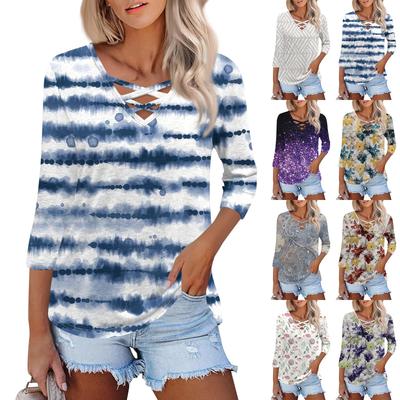 Женская модная свободная футболка с перекрестным V-образным вырезом и семью рукавами, повседневный топ с винтажным цветочным принтом