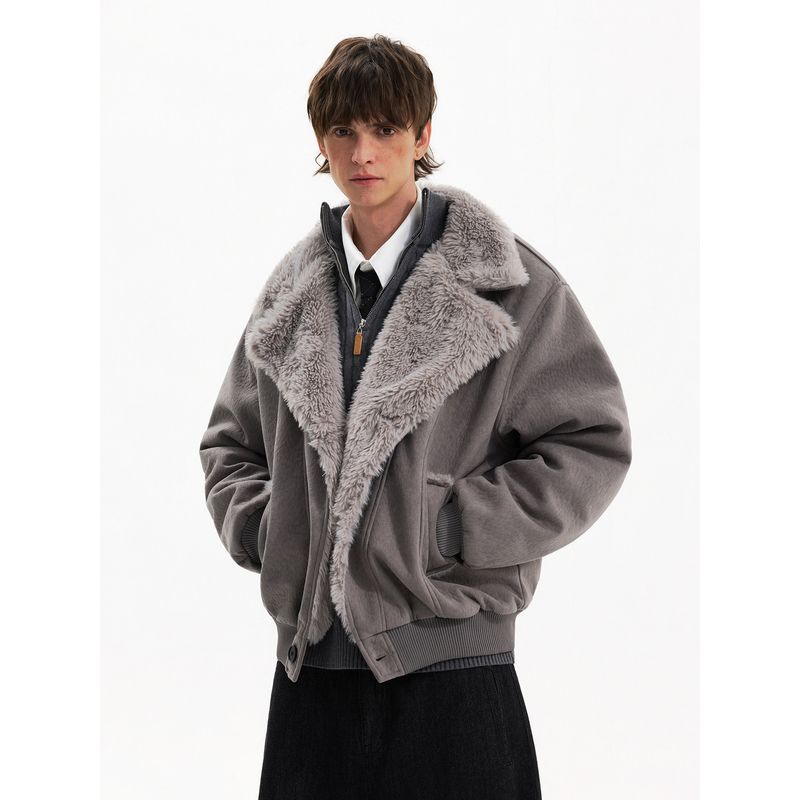 Blaexit Retro Faux Rabbit Fur Collar Mountain Carving Jacket Men's Thickened Winter Cotton Coat Textured Suede Jacket
