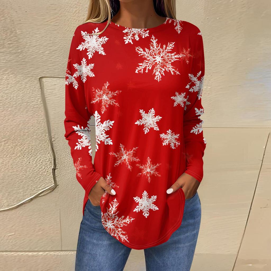 Женская свободная футболка с круглым вырезом и длинными рукавами с принтом в стиле ретро, пуловер на Рождество