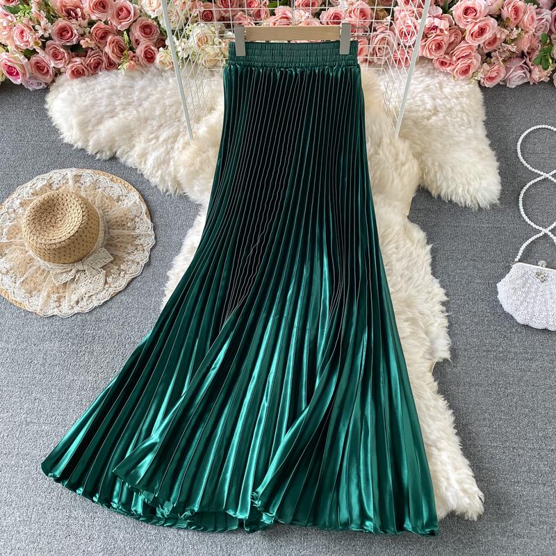 Лето Осень Женская Элегантная Атласная Высокая Талия Длинная Макси Плиссированная Юбка