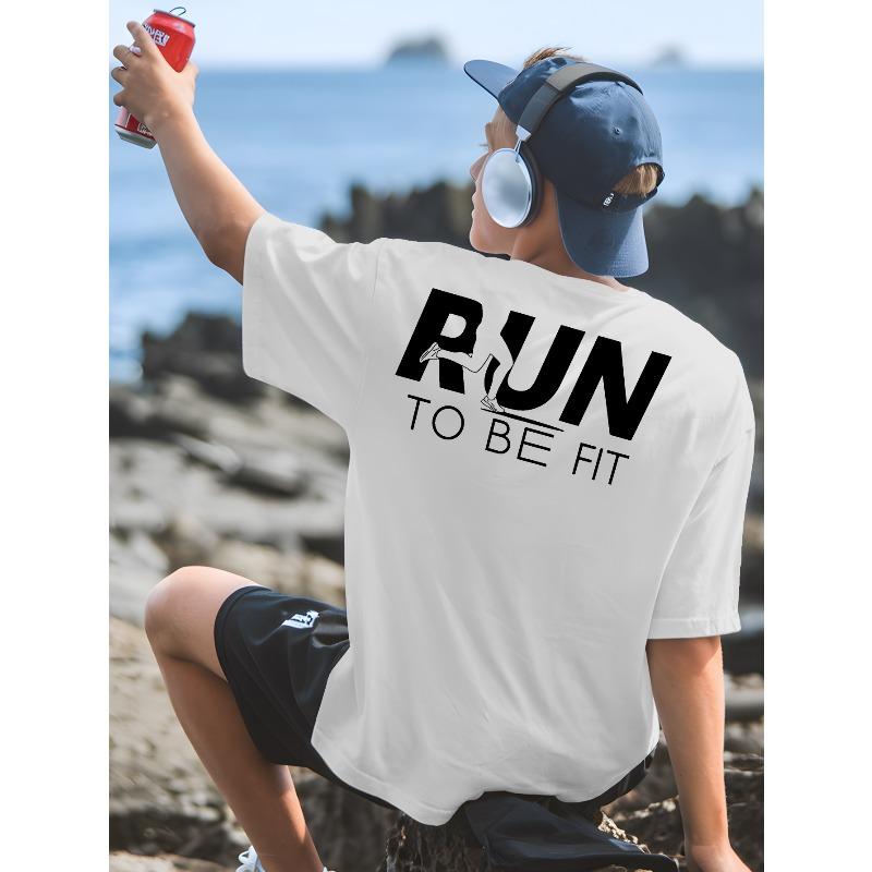 Мужская футболка с круглым вырезом Run to Be Fit с ярким принтом на спине - Дышащая футболка с коротким рукавом для тренировок в спортзале и баскетбола, стандартный крой, летний топ для тренировок