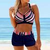 Women's Shoulder Strap Swimsuit with Alternating Stripes and Printed Bikini Short Tank Top Swimsuit