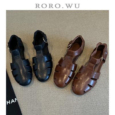 Нишевый дизайн из овчины, полая плетеная сумка, сандалии на голову, женские ретро на плоской подошве, повседневные туфли-клетка для свиней на мягкой подошве