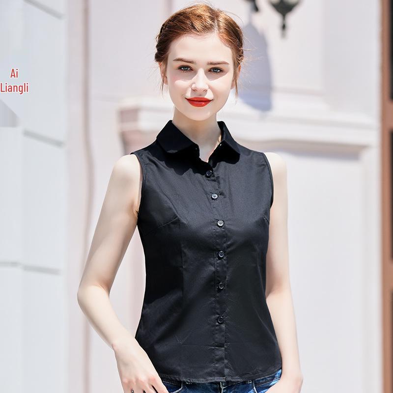 Women's White Sleeveless Slim Fit Korean-Style Blouse - Professional Summer Cotton Top