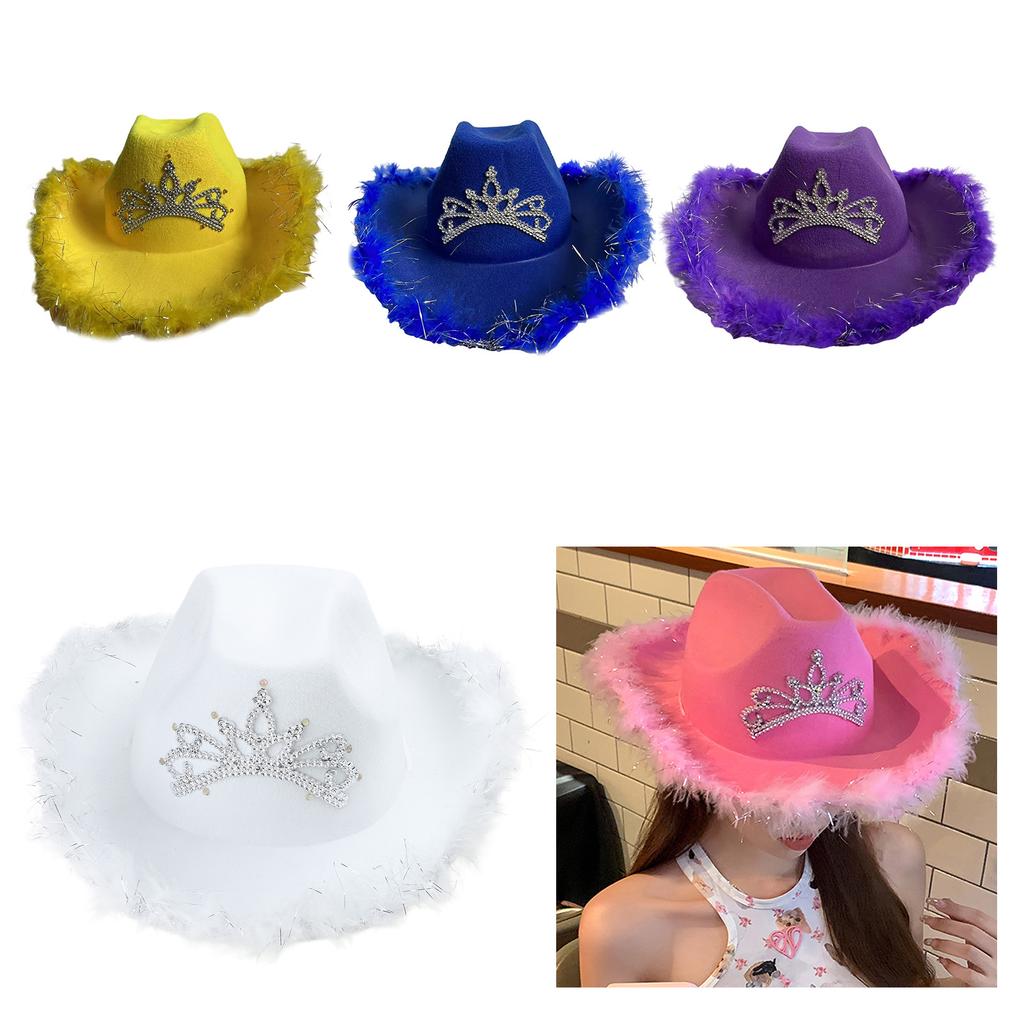 Винтажная светодиодная ковбойская шляпа с перьями на полях и стразами на тулье, женская фетровая шляпа с мишурой в западном стиле, шляпа для ковбоев