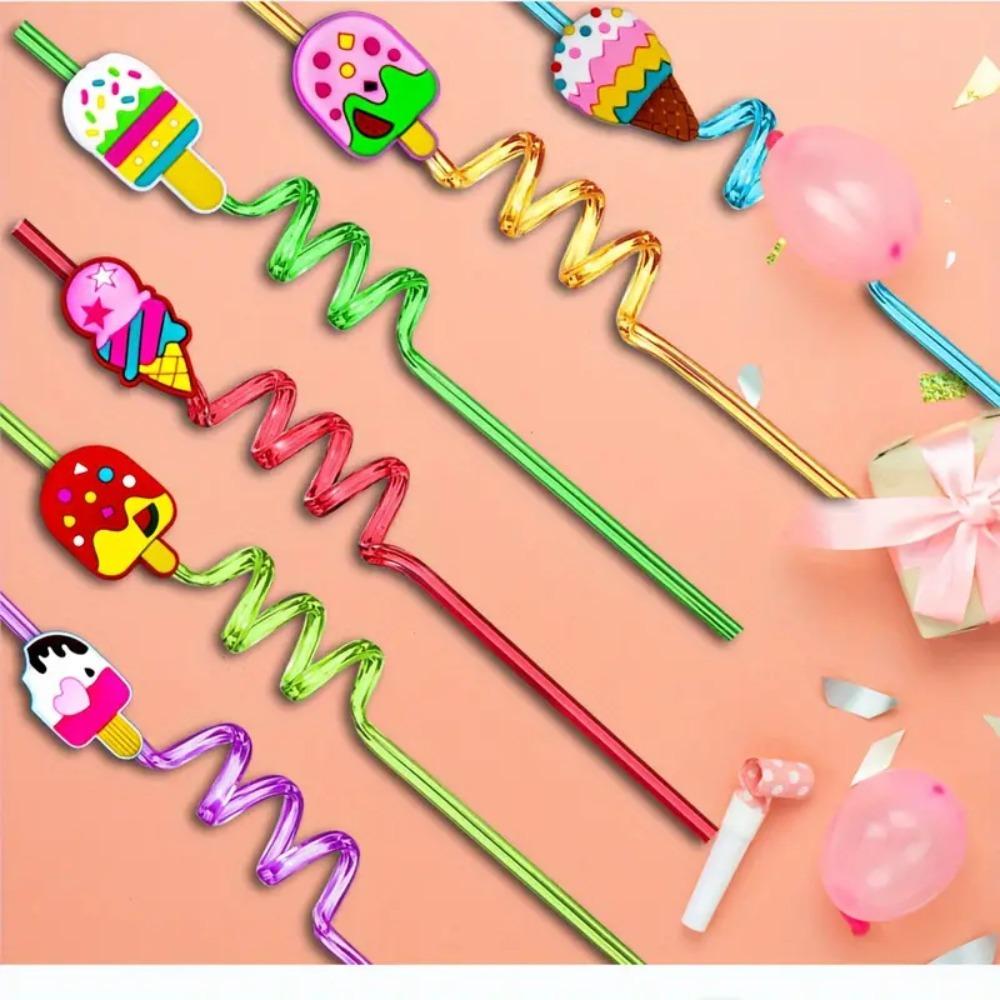 8pcs Cartoon Reusable Straws Vibrant Drinking Straws Ice Cream-Shaped Straws Party