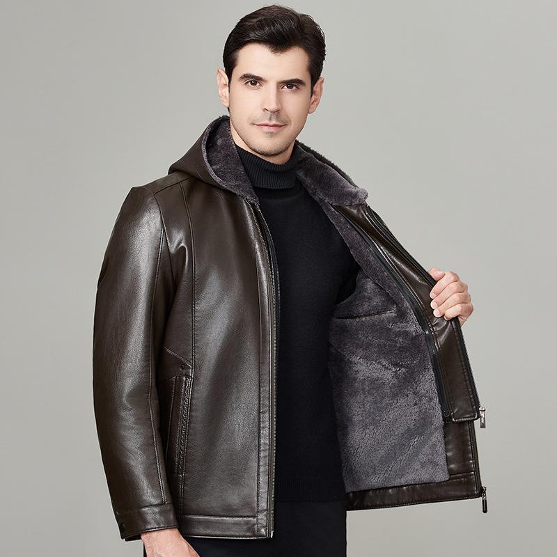 Мужское пальто из натуральной кожи осенне-зимнее с капюшоном, утолщенное бархатное теплое пальто, кожаная куртка для мужчин