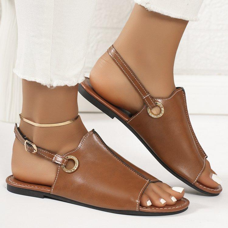 Сандалии женские больших размеров на плоской подошве с открытым носком и ремешком с металлической пряжкой, сандалии для пляжа с открытым носком