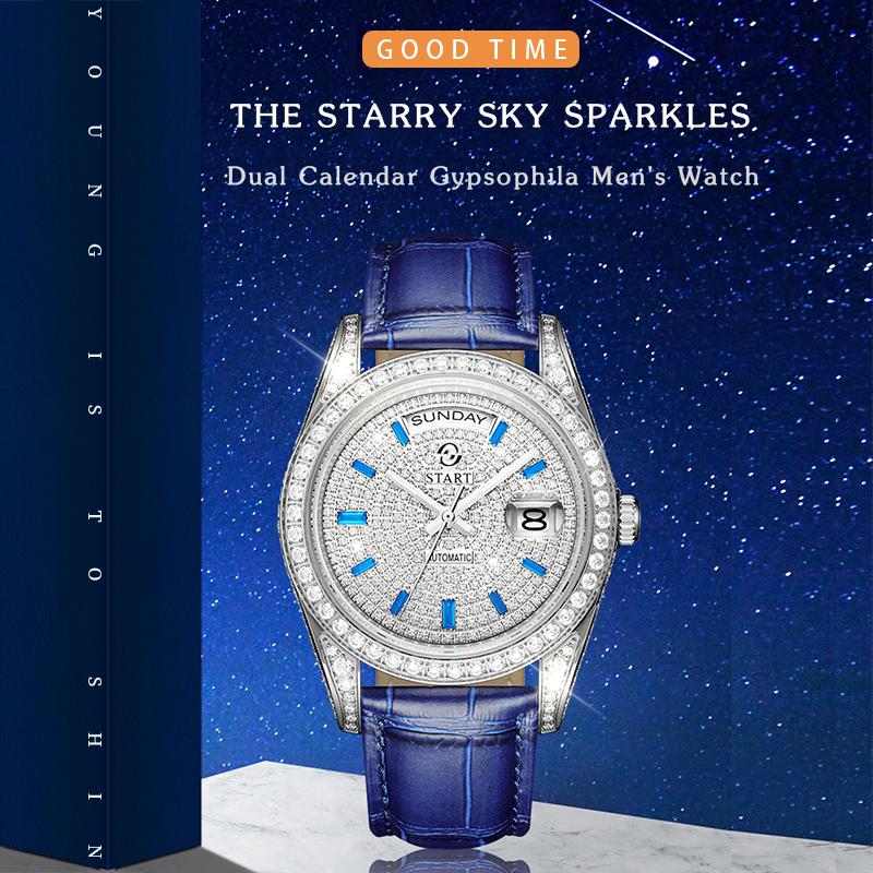 Start Мужские часы Gypsophila, официальные подлинные часы с бриллиантами, водонепроницаемые автоматические механические часы, функция даты и недели